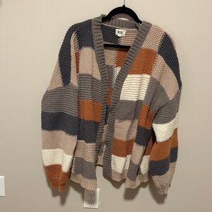 BiBi Cozy Block-Stripe Knit Cardigan in Rust, Taupe & Cream